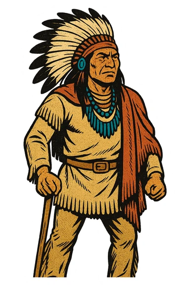 The full body of an 1860s native American chief from the American West who is looking determined sticker