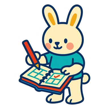 cream bunny writing in planner, standing, vibrant-toon style sticker