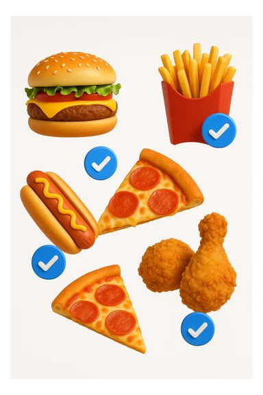 fast food fluttua in aria insieme a spunte di verificato in 3d, sfondo bianco sticker