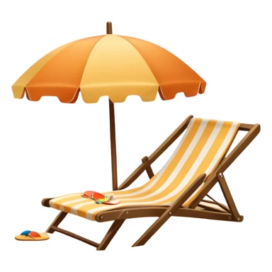 Icon for Beach Tourism: a sandy beach with a ocean landscape in the background, lounge chair, sun umbrella and flip-flops. The icon should capture the relaxation and fun of a beach vacation. Transparent background sticker