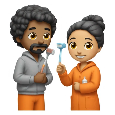 A couple brushing their teeth. She wears a snoopy orange robe and a bun in her hair, and he has a beard and dark hair and wears a gray sweatshirt. sticker