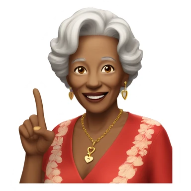An older woman in a red silk top is smiling and giving a peace sign. She is wearing gold jewelry, including a necklace with a heart pendant. She is standing in a room and the red door is partially visible in the background. sticker