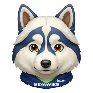 White  brown husky with Seattle Seahawks gear sticker