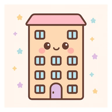 apartment building, kawaii chibi anime style, flat pastel colors, thick outlines, simple cute features sticker