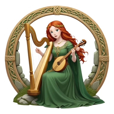A woman with flowing red hair, wearing a green medieval gown with a golden belt, playing a harp in a stone circle, Celtic fantasy setting, detailed  sticker