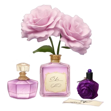 Aesthetic showcase of light pink stock flowers, a vintage-inspired violet perfume bottle, an emotional love note, and a purple silk bookmark. sticker