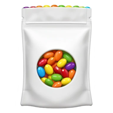 Extremely simplified half-open Skittles pouch with just a few green candies peeking out. Clean rainbow colored minimal design. sticker