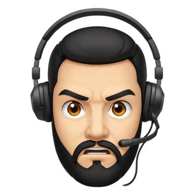 Angry man with black hair, brown eyes, black beard wearing a gaming headset sticker