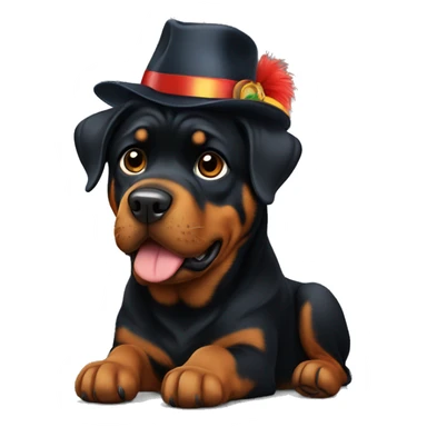 A Rottweiler with a funny hat sticker