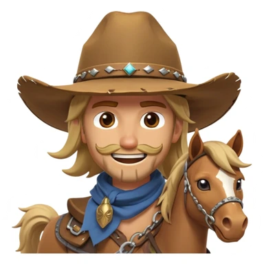 clash-of-clans-aesthetic_-cinematic-playful-cowboy-portrait-emoji, head-tilted with a roguish, cheeky grin and twinkling eyes, featuring a wide-brimmed cowboy hat and a weathered bandana on tan skin, riding a powerful galloping horse with dynamic flowing mane, reins gripped firmly in one hand and a lasso in the other, as dust swirls behind them in a vast desert landscape. sticker