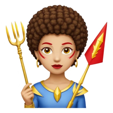 Emoji metisse femboy mais plus masculin avec drapeau ukrainien arriere plan, un afro, sourcils rouge, fourche trident, et eclairs et sur fond bleu clair irrisé. Peau lightskin, yeux marron et cheveux marron bouclés mais en mode afro pixi cut sticker