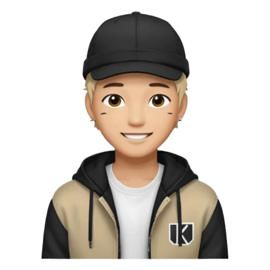 Portrait of a male K-pop idol, wearing a stylish streetwear outfit with layered clothing, makeup, wearing a black cap, happy sticker