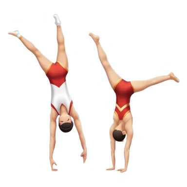 A skilled acrobat performing a handstand with perfect balance, while another acrobat gracefully flips in the air, showcasing their strength and precision. The background features a large gymnasium with bright lights and cheering audience, symbolizing adult acrobatics as a coordinated sport. sticker