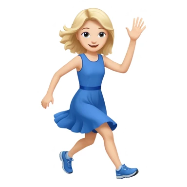 A girl in a blue dress runs and waves hello sticker
