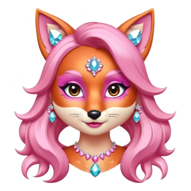 glamorous fox portrait, head and shoulders only, exaggerated pink makeup, bright eyeshadow, long eyelashes, shiny blush cheeks, sparkling face gems, glitter accents, elegant earrings, fantasy beauty style, cute 3D cartoon, mobile game icon style, clean background, no text, no watermark
 sticker