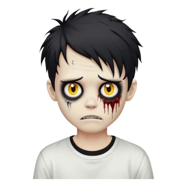 creepy zombie boy, black medium-length messy hair, emo, dark, spooky, white shirt, emoji style sticker