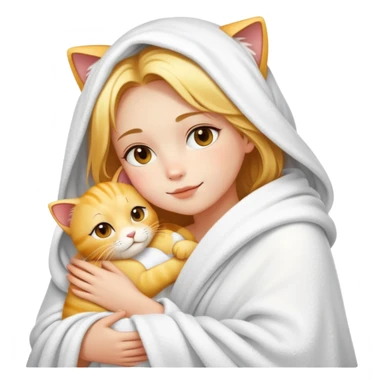 A beautiful girl with fair skin who just took a bath and wrapped in a white blanket hugged a golden cat sticker