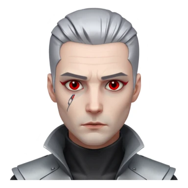 Cyberpunk man, grey slicked hair, silver metal thick  prosthetic jawline, red eyes, cold expression, clinical lighting sticker
