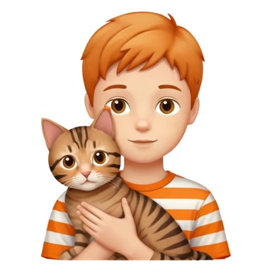 A young boy holding a cute tabby cat with orange and brown stripes sticker