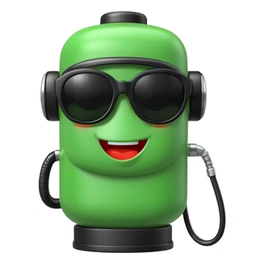 A cute 3D icon of a green gas pump character wearing oversized black sunglasses. Round and chubby proportions, glossy toy-like texture, soft pastel lighting, friendly expression, smooth edges, high-quality render, isolated on a transparent background. sticker