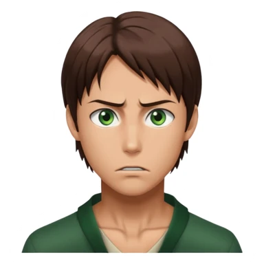 “Make him look like Eren Yeager S3 — long brown hair tied back, strong jawline, sharp green eyes, that cold, intense Eren vibe.” sticker