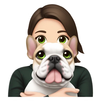 Brunette with dark green eyes in black sweater cuddling with her pied french bulldog who has black head with white line between eyes and pink harness sticker