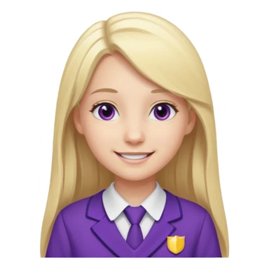 A pale girl with gray eyes and long and blonde straight hair , smiling wearing a purple school uniform  sticker