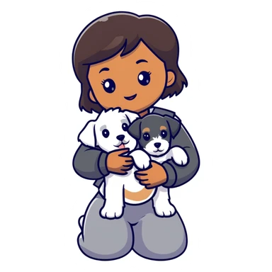 Black girl with short bangs holding a white schnauzer puppy sticker