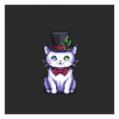 pixel art cat with a small top hat, simple background, minimalistic and clear sticker