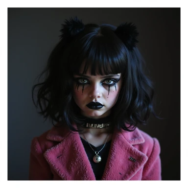 BLACKPINK inspired goth emoji, photorealistic style, black velvet, heavy black makeup, shadowy lighting, intense expression, pink gothic clothes sticker
