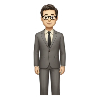 Full height Pale skinned Fit Man With dark brown hair in classic gray suit, beige office shirt, dark gray tie, and vintage glasses. Thrumbs of his palms directed up sticker
