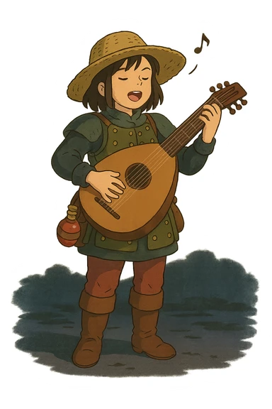 A female bard wearing brigandine armor with a sturdy straw hat, playing a fat lute and singing, night time shadows  , tool belt with red potion and bandages  sticker
