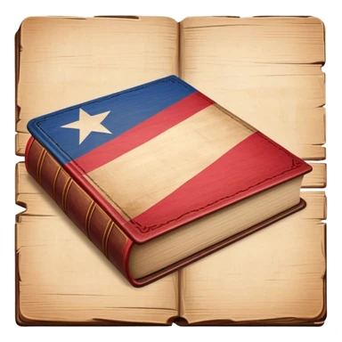 Elegant aged book with the Puerto Rican flag embossed on the cover, wooden theater stage symbol, vintage textured cover with warm wood and parchment tones, slightly glowing, representing the eternal legacy of scenic design in Puerto Rico sticker