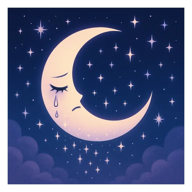 aesthetic nightcore style crescent moon with closed teary eyes, sparkles falling like tears, surrounded by stars, navy-to-indigo gradient background with soft clouds, dreamy sadness atmosphere sticker