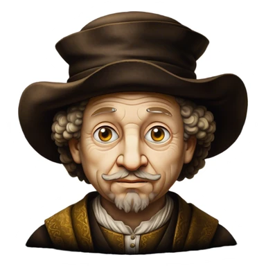 Cinematic Realistic Rembrandt Portrait Emoji, depicted as a master painter with deep reflective eyes and dramatic chiaroscuro, rendered with intricate textures and moody historic lighting that captures his timeless artistry. sticker