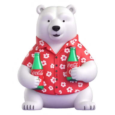 polar bear in a Hawaiian shirt decorated with Coke bottles, holding and drinking a Coca-Cola sticker