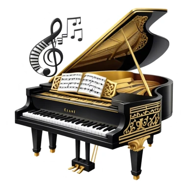 Create a sophisticated and celebratory emoji collage representing keyboard instruments, designed in the style of a coat of arms or crest. The design should feature a central, ornate grand piano with black and white keys, surrounded by a ribbon of musical notes. The ribbon should intertwine with a second ribbon made of black-and-white piano keys, creating a flowing, symmetrical pattern. Include delicate, elegant details such as the pedals of the grand piano, intricate woodwork, and the glossy, polished surface of the instrument. The musical notes should be swirling around the design in a harmonious, festive arrangement. Use gold, silver, and rich wood tones to evoke a sense of luxury and professionalism, with the black-and-white keys of the piano adding contrast. The background should remain transparent sticker