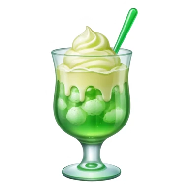 Create an emoji with a clear rounded glass, bright transparent green soda, vanilla ice cream scoop
 sticker
