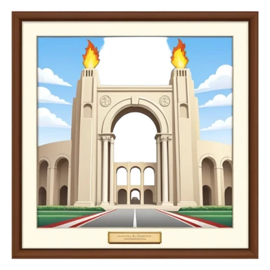 realistic illustration of The Los Angeles memorial Coliseum, including the arches on the side and the olympic torch that are part of the sticker