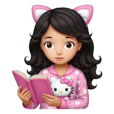 Chica peli negra  cabello ondulado tes trigueña con una pijama rosa de hello kitty leyendo un libro rosa de haditas  sticker