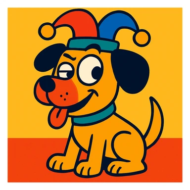 a dog with a mischievous side eye, wearing a comical hat, vibrant colors, playful cartoon illustration sticker