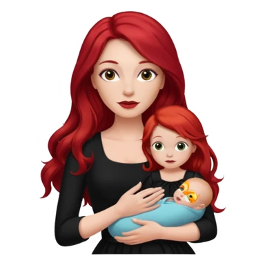 White woman in black dress with long red hair and makeup holding one baby sticker