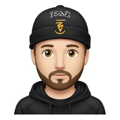 Hombre de ojos claros, con barba fina y perilla, gorra negra bordada, y sudadera negra sticker