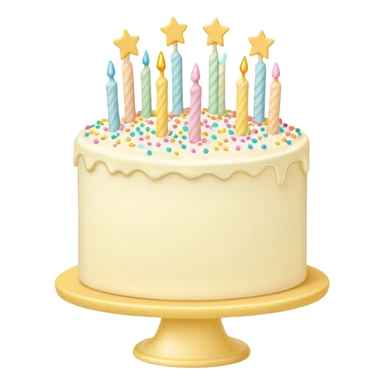 Vanilla buttercream cake on a light yellow cake stand, pastel colorful sprinkles and stars sticker