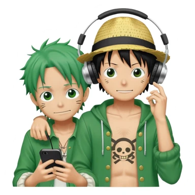 Green Luffy and green Alastor listening to music together sticker