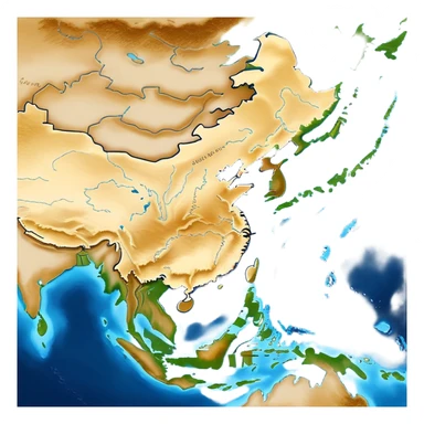 Cinematic-realistic outline of china, featuring its distinct landmass with accurately defined coastlines. The deep blue ocean surrounds the golden-brown continent, with subtle topographic shading to highlight its terrain. A soft glowing effect enhances the edges, making the shape stand out against a neutral, textured background. sticker