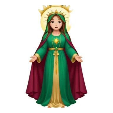 fullbody Virgin Mary back view long brown hair emerald green robe with gold stars burgundy dress halo big sun behind colorful roses on the sides sticker