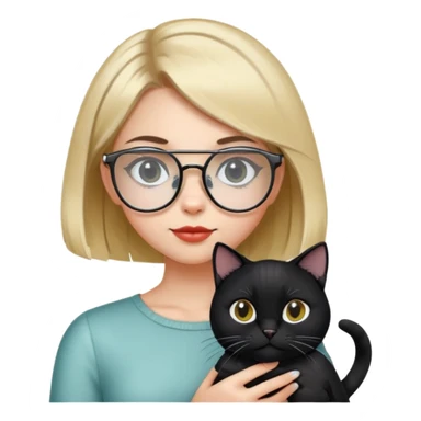 a girl with a bob, with hairpins on the sides, and with transparent glasses. holds a black cat in her arms sticker