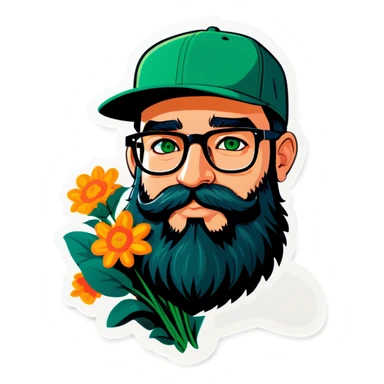 A bold man with a grey baseball cap, green eyes, big beard and glasses, holding a bouquet  sticker