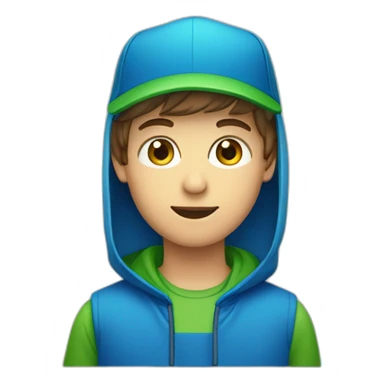 boy with green eyes and triangle head face shape, blue cap, wearing a reversed blue cap sticker